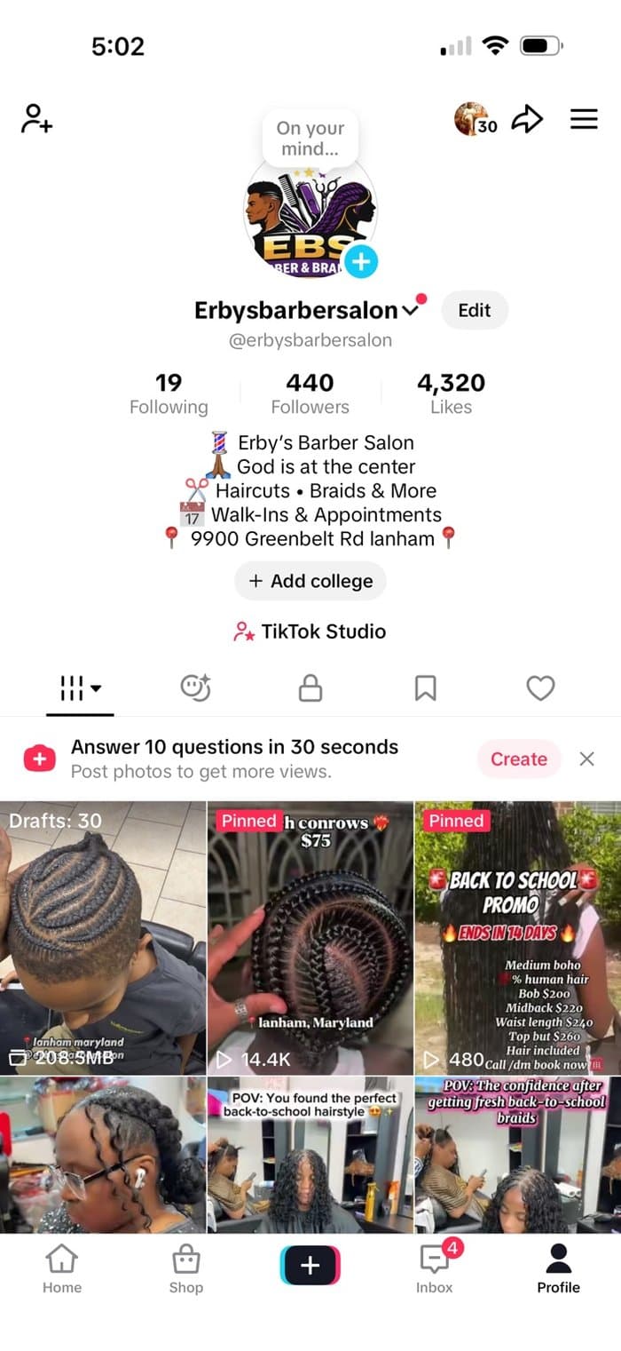 Screenshot of Erby's Barber Salon TikTok profile showing the video grid